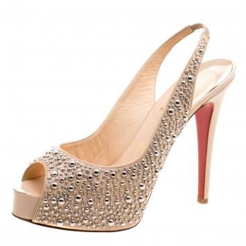 Pre Owned Christian Louboutin Beige Studded Patent Leather Star Prive Peep Toe Slingback Sandals Size 39