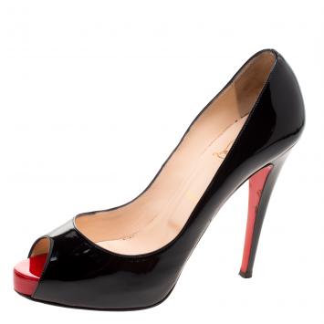 Pre Owned Christian Louboutin Black Patent Leather Very Prive Peep Toe Pumps Size 41.5