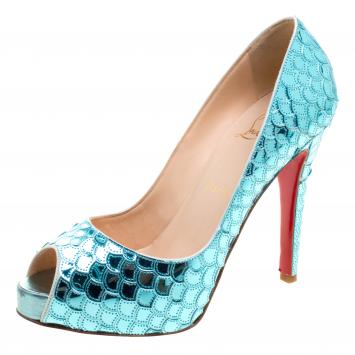 Pre Owned Christian Louboutin Metallic Blue Scaled Leather Poseidon Peep Toe Pumps Size 38.5