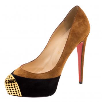 Pre Owned Christian Louboutin Two Tone Suede Maggie Embellished Cap Toe Platform Pumps Size 39