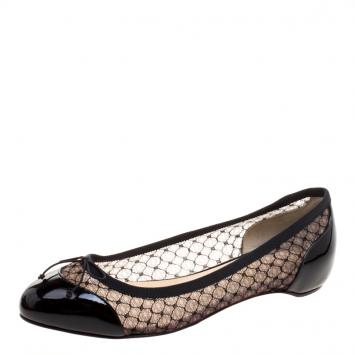 Pre Owned Christian Louboutin Black Leather and Mesh Miss Mix Bow Ballet Flats Size 37