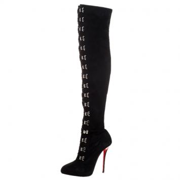 Pre Owned Christian Louboutin Black Suede Croche Knee Length Boots Size 38