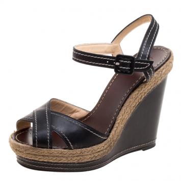 Pre Owned Christian Louboutin Black Leather Almeria Cross Strap Espadrille Wedge Sandals Size 39