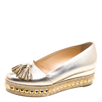 Pre Owned Christian Louboutin Metallic Leather Carmel CA Wedge Espadrille Size 35