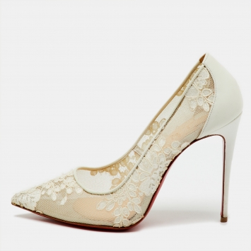 Pre Owned Christian Louboutin White Lace and Leather Follies Pumps Size 38.5
