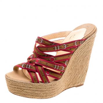 Pre Owned Christian Louboutin Red/Brown Fabric Crepon 140 Espadrille Wedge Sandals Size 39