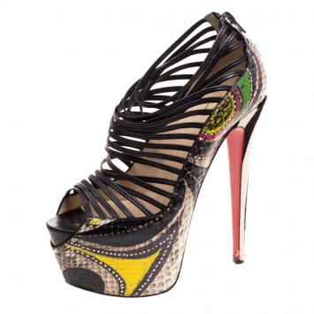 Pre Owned Christian Louboutin Multicolor Python and Pony Hair Zoulou Strappy Platform Sandals Size 38.5