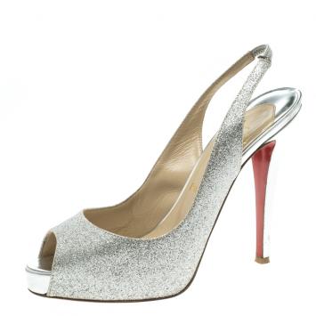 Pre Owned Christian Louboutin Silver Glitter Leather N°Prive Peep Toe Slingback Sandals Size 38.5
