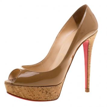 Pre Owned Christian Louboutin Beige Patent Leather Banana Cork Heel Peep Toe Platform Pumps Size 38.5