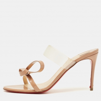 مملوكة مسبقًا Christian Louboutin Just Nodo Size 38 Beige Patent Leather and PVC Band Bow Slide Sandals