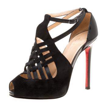 Pre Owned Christian Louboutin Black Suede and Braided Leather Carlota Cut Out Peep Toe Sandals Size 37