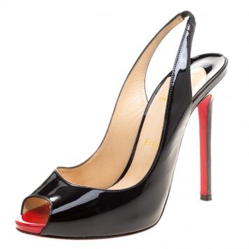 Pre Owned Christian Louboutin Black Patent Leather Flo Peep Toe Slingback Sandals Size 38