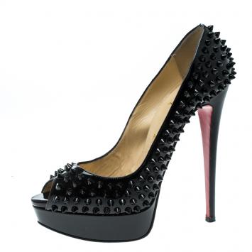 Pre Owned Christian Louboutin Black Patent Leather Lady Peep Toe Spike Platform Pumps Size 39.5