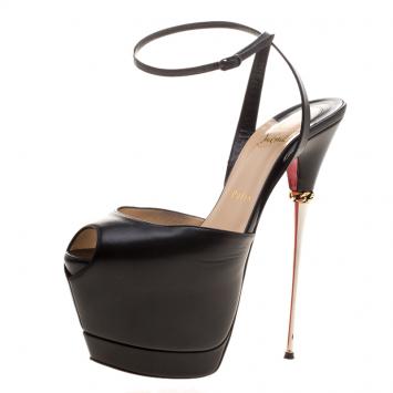 Pre Owned Christian Louboutin Black Leather Despressi Peep Toe Ankle Strap Platform Sandals Size 38