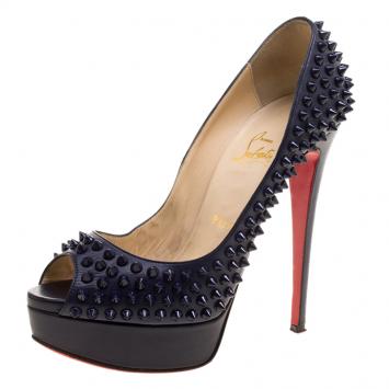 Pre Owned Christian Louboutin Navy Blue Leather Lady Peep Toe Spike Platform Pumps Size 38