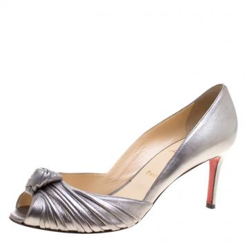 Pre Owned Christian Louboutin Silver Leather Knot Peep Toe Pumps Size 40