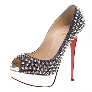 Pre Owned Christian Louboutin Metallic Lamè Lady Peep Spike Platform Pumps Size 35