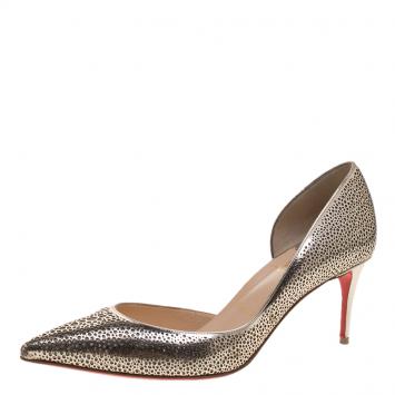 Pre Owned Christian Louboutin Metallic Gold Perforated Leather and Glitter Galu D'orsay Pointed Toe Pumps Size 37.5