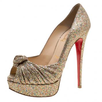 Pre Owned Christian Louboutin Multicolor Glitter Knotted Greissimo Platform Pumps Size 36.5