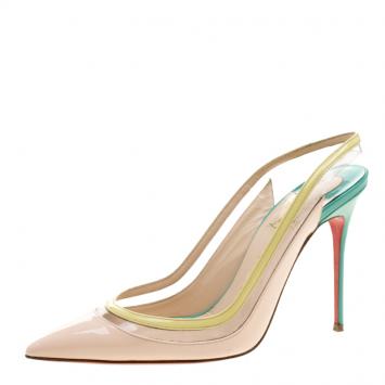 Pre Owned Christian Louboutin Tricolor Patent Leather and PVC Paulina Slingback Sandals Size 40