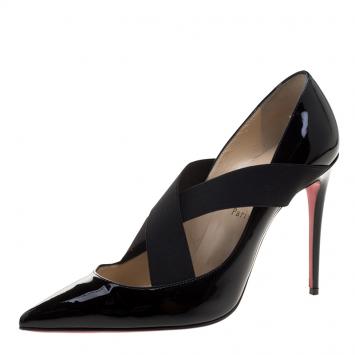Pre Owned Christian Louboutin Black Patent Leather Sharpstagram Cross Strap Pointed Toe Pumps Size 38.5