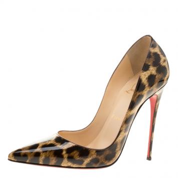 Pre Owned Christian Louboutin Beige Leopard Print Patent Leather So Kate Pumps Size 38