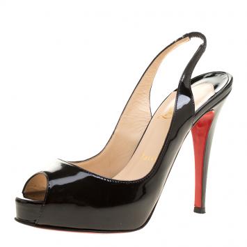 Pre Owned Christian Louboutin Black Patent Leather Private Number Peep Toe Slingback Sandals Size 35