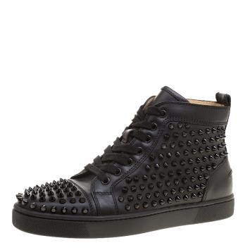 Pre Owned Christian Louboutin Black Leather Louis Spikes High Top Sneakers Size 39