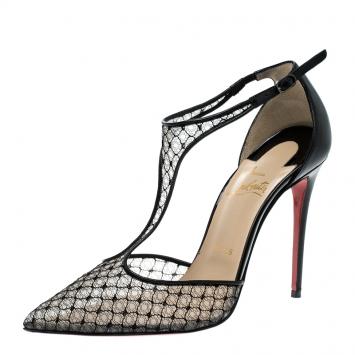 Pre Owned Christian Louboutin Black Lace T-Strap Salonu Sandals Size 37.5