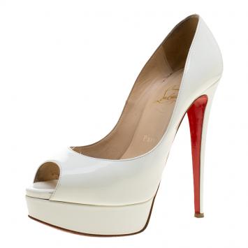 Pre Owned Christian Louboutin White Patent Leather New Very Prive Peep Toe Platform Pumps Size 38.5