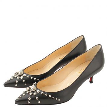 Pre Owned Christian Louboutin Black Leather Studded Door Knock Pointed Toe Pumps Size 37