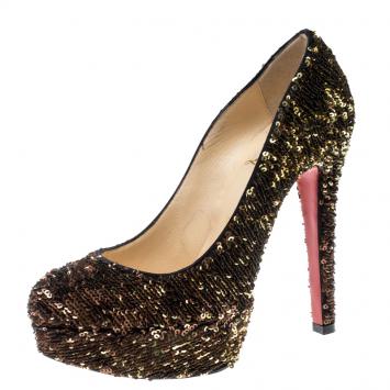 Pre Owned Christian Louboutin Gold Sequins Bianca Platform Pumps Size 36.5