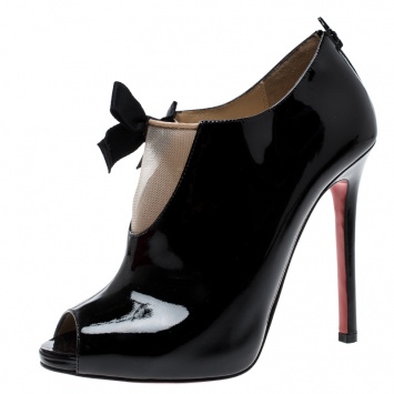 Pre Owned Christian Louboutin Black Patent Leather and Mesh Ankle Booties Size 36.5