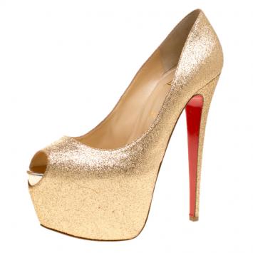 Pre Owned Christian Louboutin Gold Glitter Lady Peep Toe Platform Pumps Size 40.5