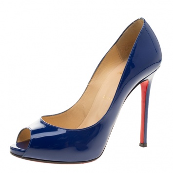 Pre Owned Christian Louboutin Blue Patent Leather Flo Peep Toe Pumps Size 37.5