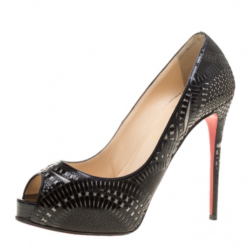 Pre Owned Christian Louboutin Black Lacer Cut Patent Leather Suellena Peep Toe Platform Pumps Size 38