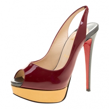 Pre Owned Christian Louboutin Two Tone Patent Leather Lady Peep Toe Slingback Sandals Size 37.5