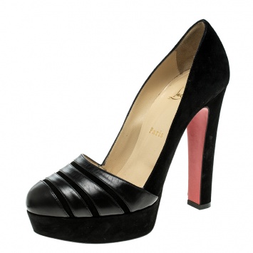 Pre Owned Christian Louboutin Black Suede and Leather Viva Bella Platform Pumps Size 38.5