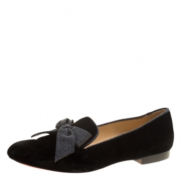 Pre Owned Christian Louboutin Black Velvet Gine Bow Detail Smoking Slippers Size 40