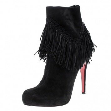 Pre Owned Christian Louboutin Black Suede Rom Fringe Detail Platform Ankle Boots Size 37.5