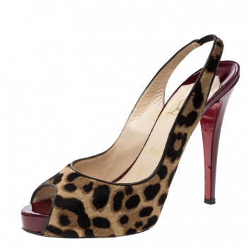 Pre Owned Christian Louboutin Leopard Print Pony Hair Peep Toe Slingback Sandals Size 39