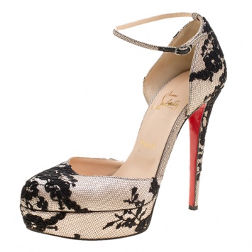 Pre Owned Christian Louboutin Black Lace and Satin Ankle Strap D'orsay Platform Pumps Size 39.5