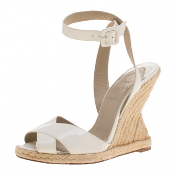 Pre Owned Christian Louboutin White Leather Love Ankle Wrap Peep Toe Espadrille Wedge Sandals Size 35