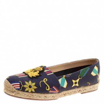 Pre Owned  Christian Louboutin Navy Blue Medal Printed Canvas Galia Espadrille Flats Size 37