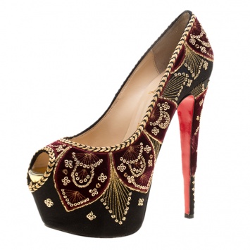 Pre Owned Christian Louboutin Black Satin Highness Sombrero Velvet Embroidered Peep Toe Platform Pumps Size 38.5