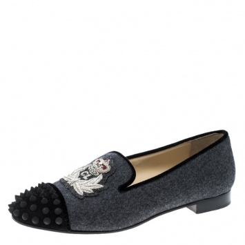 Pre Owned Christian Louboutin Grey Wool Blend Harvanana Spiked Cap Toe Smoking Slippers Size 37