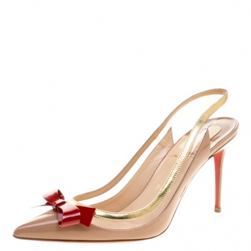 Pre Owned Christian Louboutin Beige Patent Leather and PVC Suspenodo Slingback Sandals Size 39