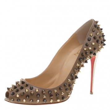 Pre Owned Christian Louboutin Brown Leather Follies Spikes Peep Toe Pumps Size 38.5