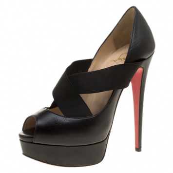 Pre Owned Christian Louboutin Black Leather Very Stagram Cross Strap Peep Toe Platform Pumps Size 36