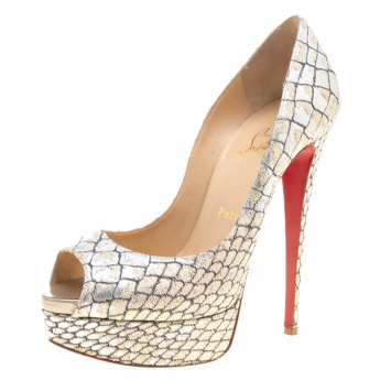 Pre Owned Christian Louboutin Metallic Silver Python Print Fabric Lady Peep Toe Platform Pumps Size 38